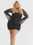 Front view of model wearing  front Princess Polly High Neck  Bilbao Long Sleeve Mini Dress Black Curve