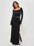   front view of model wearing Princess Polly Brandee Tie Front Denim Maxi Skirt Black Wash Maxi 