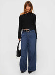 front view of model wearing Princess Polly Naylor Wide Leg Jeans Mid Blue Denim Tall Mid Rise 