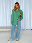 Front view of model wearing  front Princess Polly Full Sleeves High Neck  Lindford Shirt Green