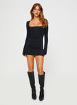 front view of model wearing Princess Polly Back In Time Long Sleeve Mini Dress Black Square Neck 