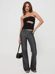 front view of model wearing Princess Polly Kinkirk Flared Pants Grey Pinstripe Low Rise Pants 