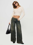 front view of model wearing Princess Polly Ribbon Stamp Wide Leg Jeans Antique Wash Petite Low Rise Jeans 