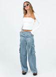 Front view of model wearing  front Princess Polly High Waisted Pants  Zora Satin Cargo Pant Blue