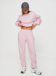 front view of model wearing Princess Polly Princess Polly Track Pants Script Baby Pink / Grey Mid Rise 