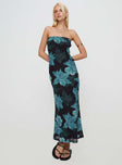 front view of model wearing Princess Polly Celik Maxi Dress Black / Blue Floral Straight Neck 