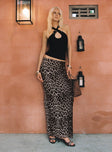   side view of model wearing Princess Polly Ergo Maxi Skirt Leopard Tall Maxi 