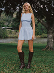 front view of model wearing Princess Polly Yennifer Shirred Mini Dress Blue / White Petite Boat Neck 