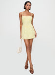 side view of model wearing Princess Polly South Of France Mini Dress Yellow Square Neck 