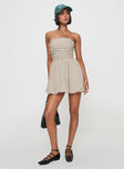 front view of model wearing Princess Polly Quinette Strapless Bubble Hem Mini Dress Beige Stripe Straight Neck 