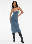 front view of model wearing Princess Polly Smokeshow Strapless Midi Dress Blue Denim Sweetheart Neckline 