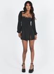 front view of model wearing Princess Polly Floreto Long Sleeve Mini Dress Black Sweetheart Neckline 