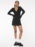 front view of model wearing Princess Polly Waldin Long Sleeve Mini Dress Black V-Neck 