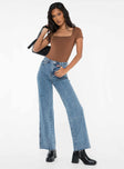 front view of model wearing Princess Polly Arlington Straight Leg Denim Jeans Mid Wash Lower Impact High Waisted 