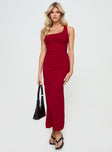 front view of model wearing Princess Polly Smithy Maxi Dress Red Asymmetric Neckline 