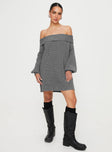 Front view of model wearing  front Princess Polly High Neck  Deya Off The Shoulder Mini Dress Grey