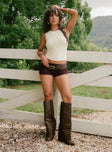 side view of model wearing Princess Polly Angelis Lace Shorts Chocolate High Waisted Shorts 