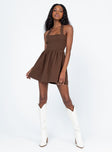 front view of model wearing Princess Polly Rhea Mini Dress Brown Square Neck 