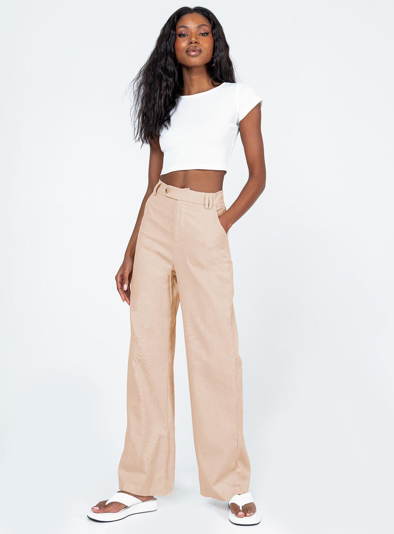 front view of model wearing Princess Polly Lelo Linen Pants Beige 