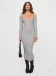 Long sleeve maxi dress  Knit-like material, sweetheart neckline Good stretch, unlined