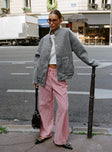 front view of model wearing Princess Polly Holiday Tie Front Pants Red/White Stripe Low Rise Pants 