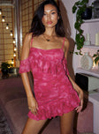 Front view of model wearing  front Princess Polly Square Neck  Jenneyfer Frill Mini Dress Pink