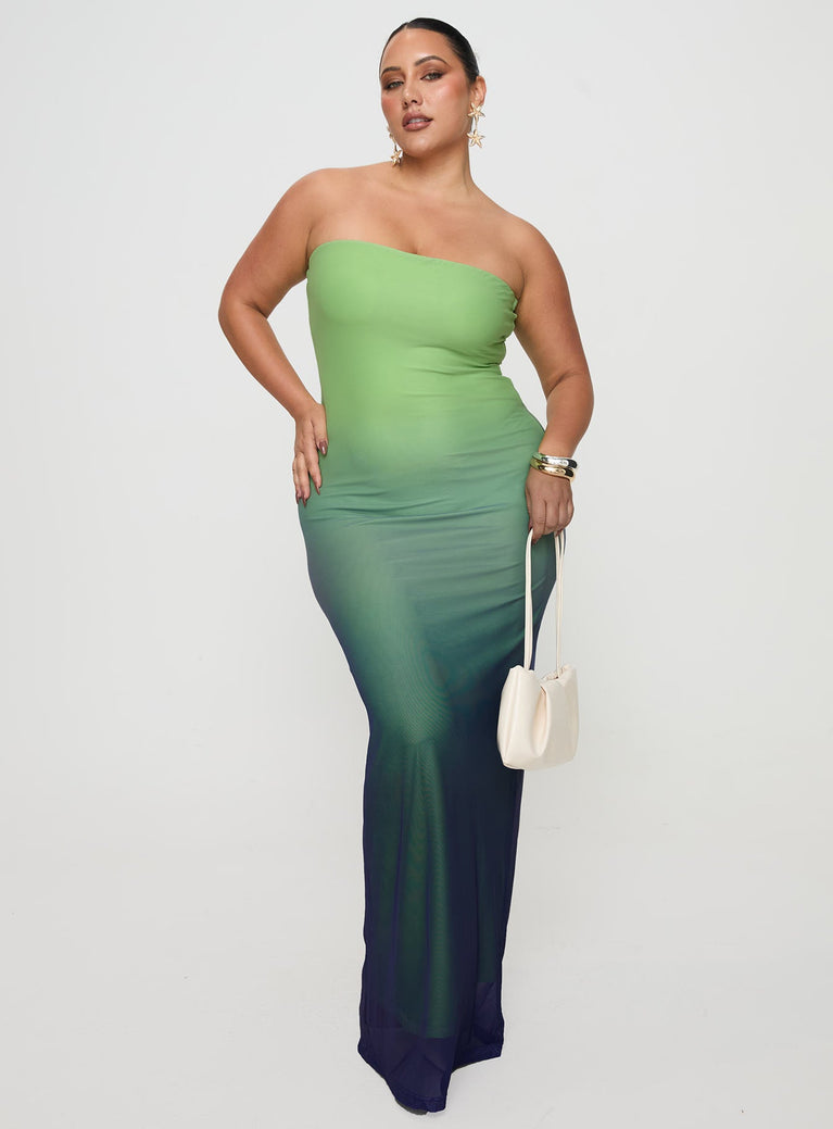 front view of model wearing Princess Polly Stolen Love Strapless Maxi Dress Blue / Green Ombre Curve Straight Neck 