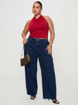 front view of model wearing Princess Polly Britta Mid Rise Tapered Leg Jeans Dark Wash Curve High Waisted 