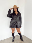 front view of model wearing Princess Polly 90210 Satin Shirt Mini Dress Black Curve 