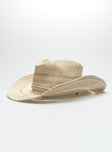 Cowboy hat Woven straw look  Adjustable drawstring Mouldable brim  Adjustable inner band 