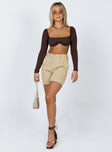 side view of model wearing Princess Polly Becca Long Sleeve Crop Top Brown Full Sleeves Square Neck 