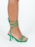 Heels Faux leather material Strappy upper Open square toe Stiletto heel Ankle tie