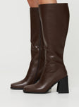 Faux leather knee-high boot Square toe, block heel, zip fastening at side, padded footbed