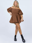 front view of model wearing Princess Polly Halton Mini Dress Brown 