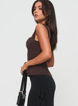 side view of model wearing Princess Polly Kyrie Longline Corset Top Brown Sleeveless Sweetheart 