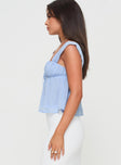 side view of model wearing Princess Polly Mooney Top Blue Sleeveless Square Neck 