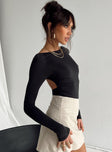 side view of model wearing Princess Polly Gatewood Long Sleeve Bodysuit Black Full Sleeves 