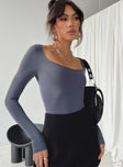 front view of model wearing Princess Polly Mallard Bodysuit Grey Full Sleeves Scoop Neck 