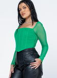 side view of model wearing Princess Polly Beverly Long Sleeve Top Green Full Sleeves Square Neck 