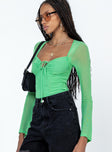 side view of model wearing Princess Polly Jacob Long Sleeve Bodysuit Green Full Sleeves Sweetheart 