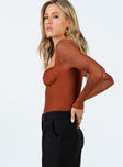 side view of model wearing Princess Polly Olas Bodysuit Terracotta Full Sleeves Sweetheart 