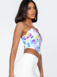 side view of model wearing Princess Polly Kianni Strapless Top Blue Sleeveless Sweetheart 