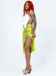   side view of model wearing Princess Polly Siesta Midi Skirt Green Midi Skirts 