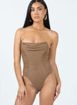 front view of model wearing Princess Polly Keanu Bodysuit Mocha Sleeveless Cowl 