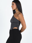 Front view of model wearing  front Princess Polly Sleeveless Asymmetric Neckline  Liotta One Shoulder Top Grey