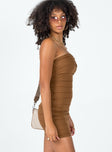 side view of model wearing Princess Polly Emmaline Strapless Mini Dress Brown Square Neck 