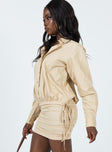 side view of model wearing Princess Polly The Cult Mini Dress Camel 