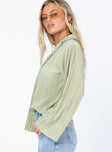 side view of model wearing Princess Polly Louie Pleated Shirt Sage Full Sleeves V-Neck 