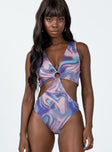 front view of model wearing Princess Polly Adalyn Bodysuit Brown Multi Sleeveless Plunger 