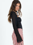 side view of model wearing Princess Polly Pavel Long Sleeve Satin Top Black Full Sleeves Sweetheart 